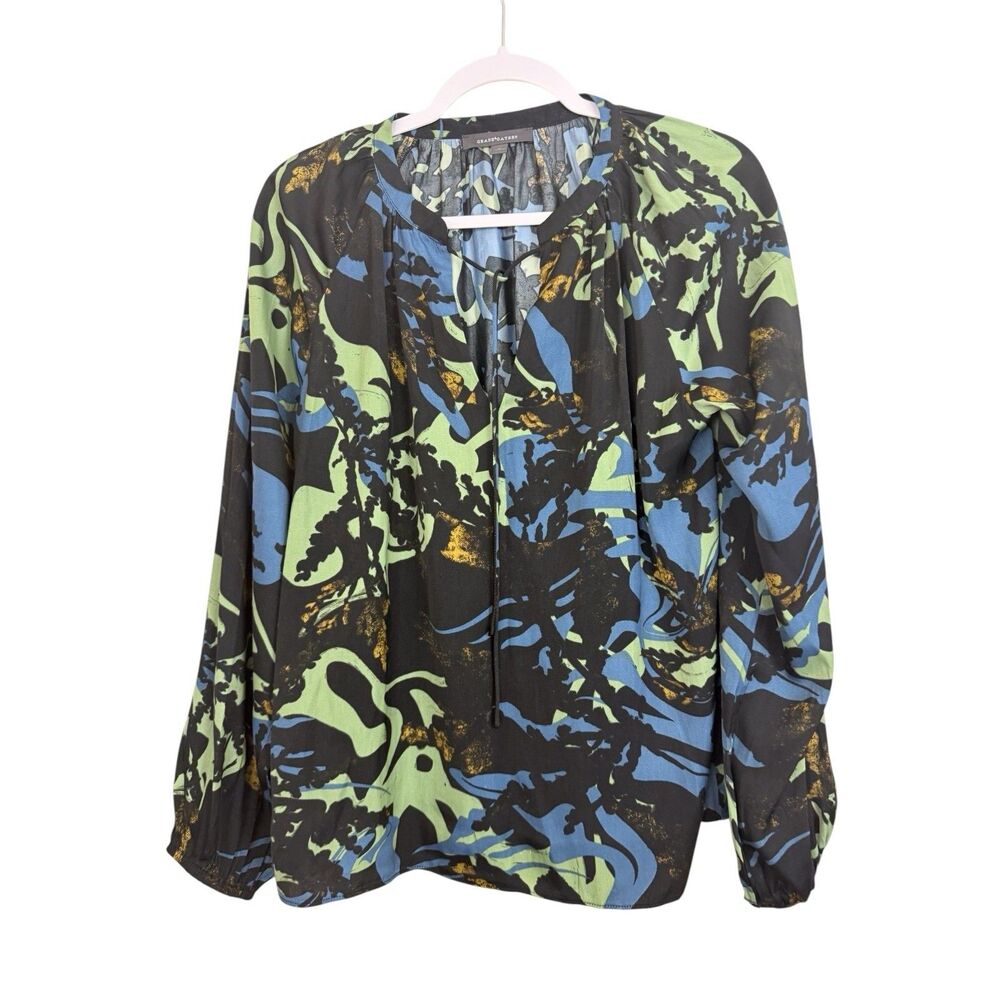Grade & Gather Long Sleeve Blouse Sz Medium V-Neck Black Print Poly Collarless